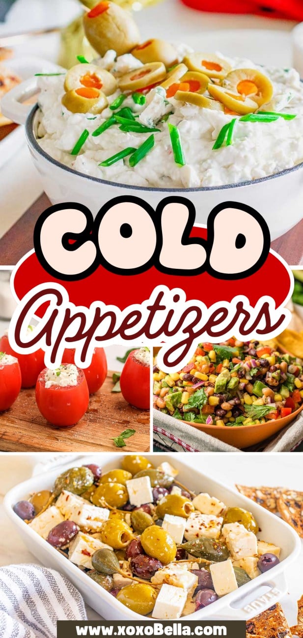 A collage of cold appetizers, featuring a variety of cold appetizers like dip, stuffed tomatoes, salsa, and a feta olive salad.