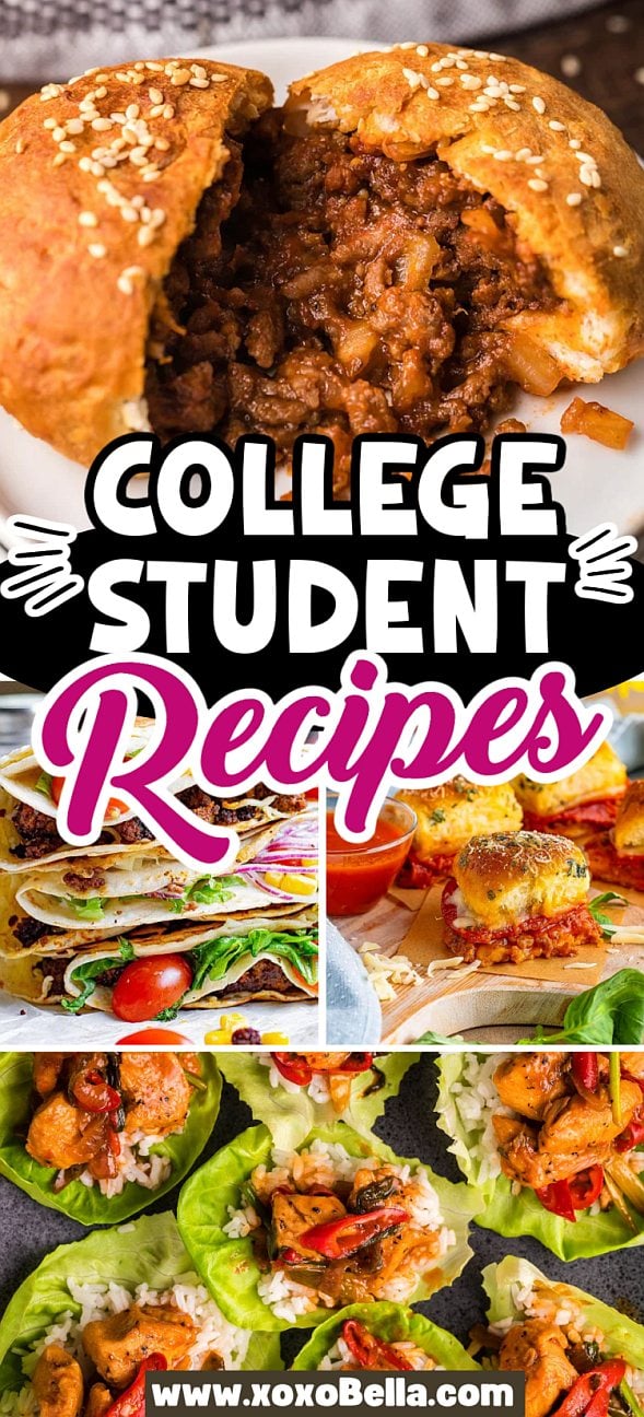Collage of appetizing college student recipes, featuring stuffed bread, tacos, casseroles, and lettuce wraps perfect for quick and easy meals.
