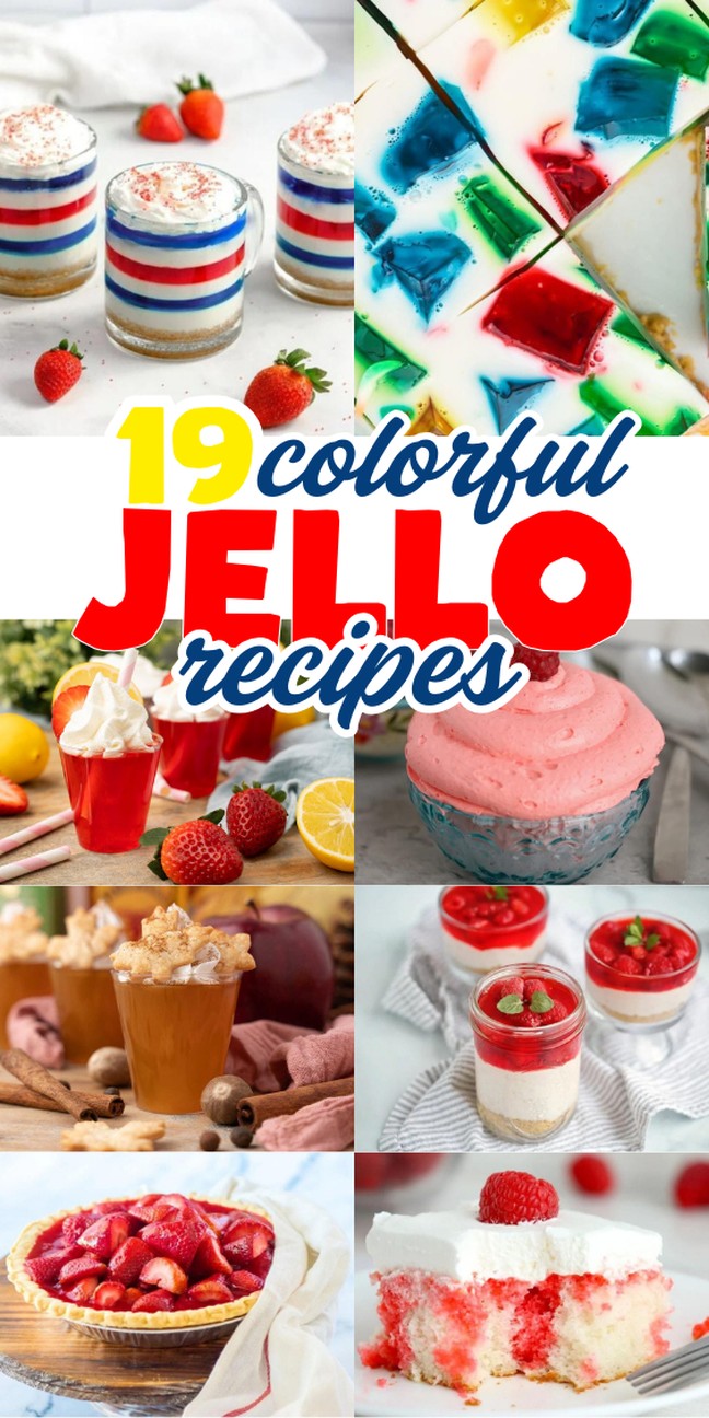 Collage of vibrant Jello desserts, including parfaits, cakes, and fruit-topped treats with strawberriesāperfect inspirations for your next Jello recipes.