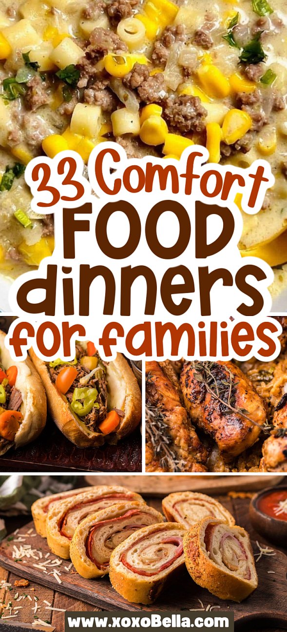 Collage of easy comfort food dinners: cheesy casserole, stuffed rolls, roasted chicken, and meat-stuffed pastry slices.