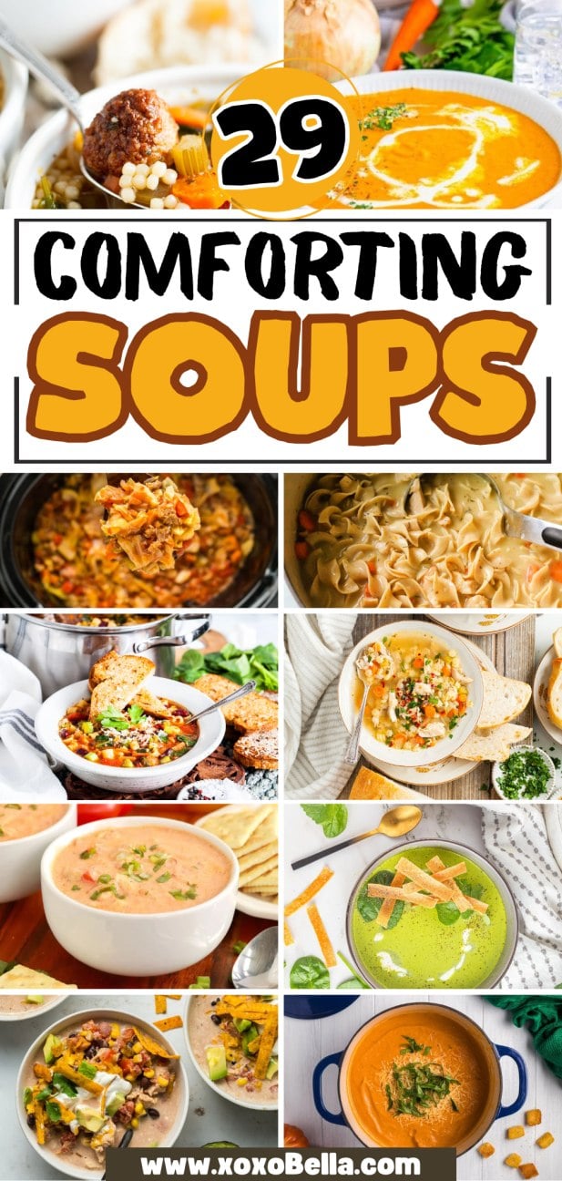 Collage of various hearty soup recipes.