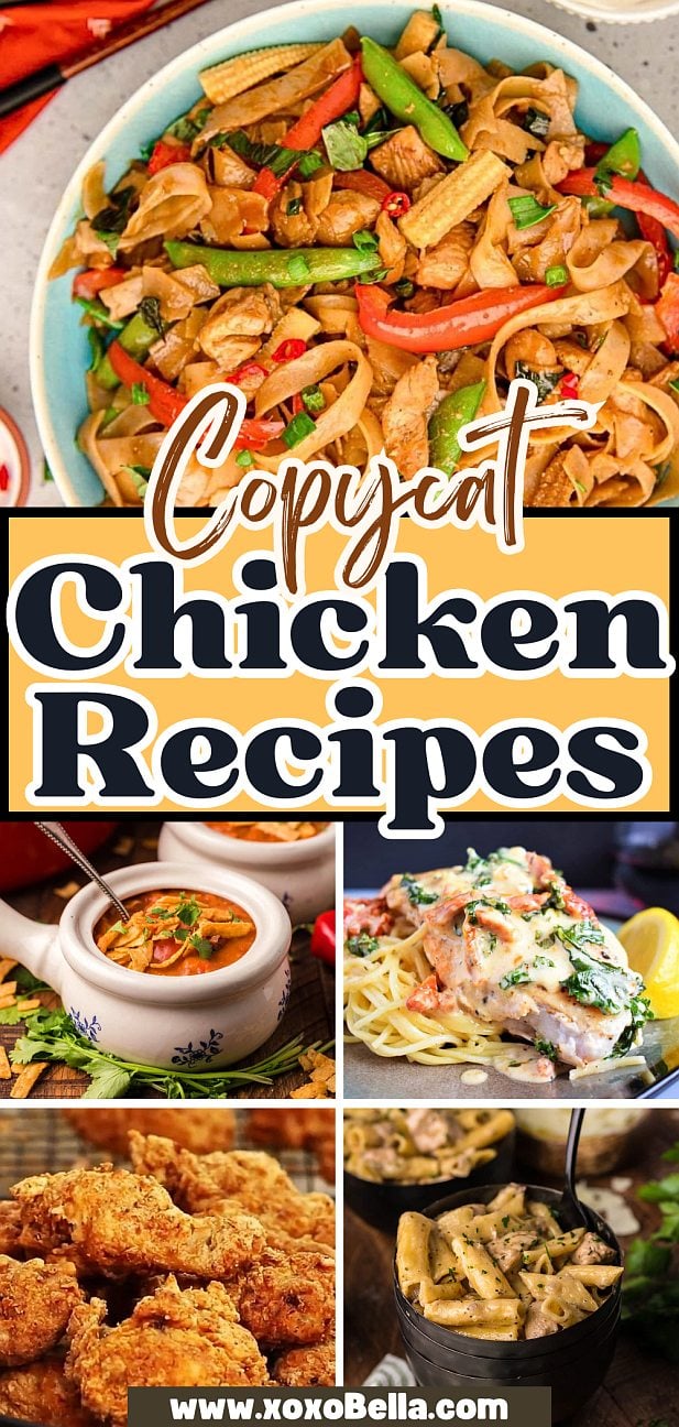 Collage of various chicken dishes, including stir-fry, soup, pasta, fried chicken, and a creamy chicken meal—perfect inspiration for copycat chicken recipes.