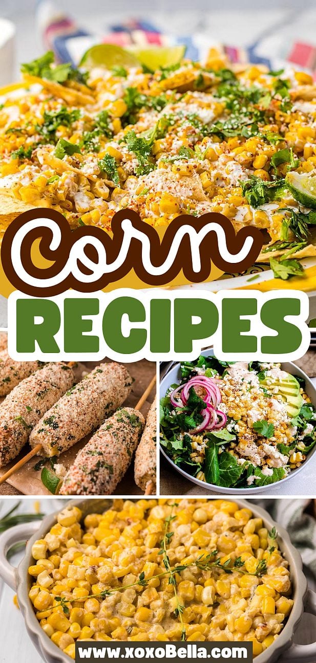 Four colorful corn dishes, including salads and skewers, are shown, highlighting a delicious variety of corn recipes.