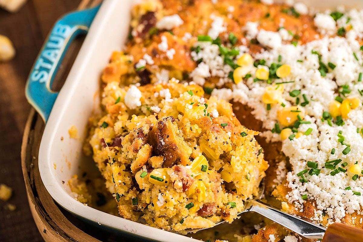 Air Fryer Bacon Loaded Cornbread Pudding.