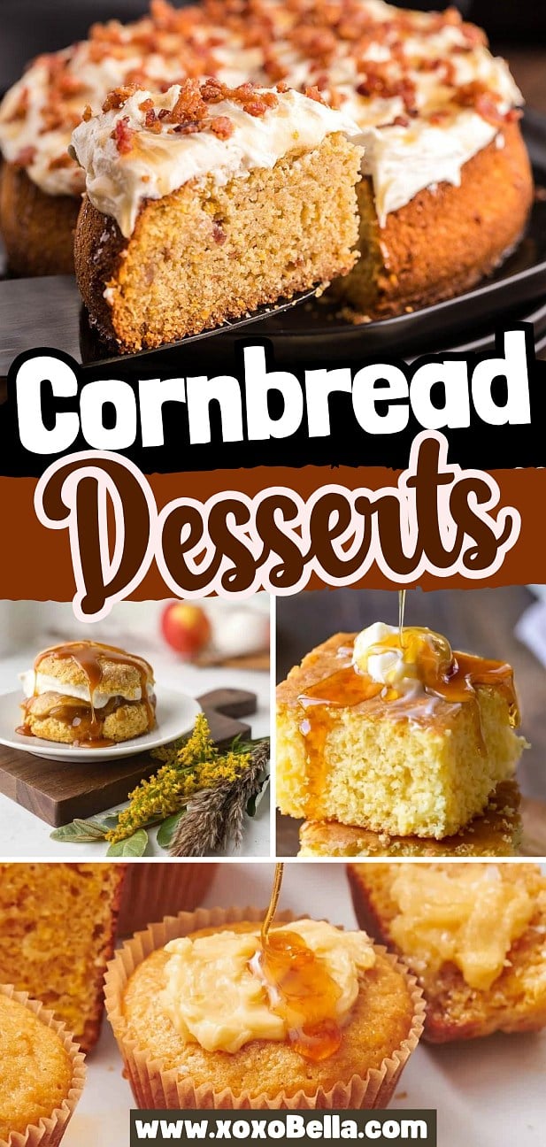 Collage of cornbread desserts topped with frosting, syrup, and honey.