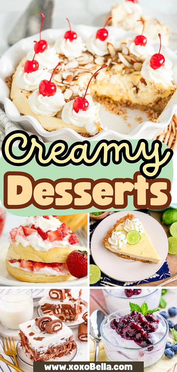 Collage of creamy desserts, including pie with cherries, cake, brownies, cheesecake, and parfaits on colorful plates—an irresistible feast for any creamy desserts lover.
