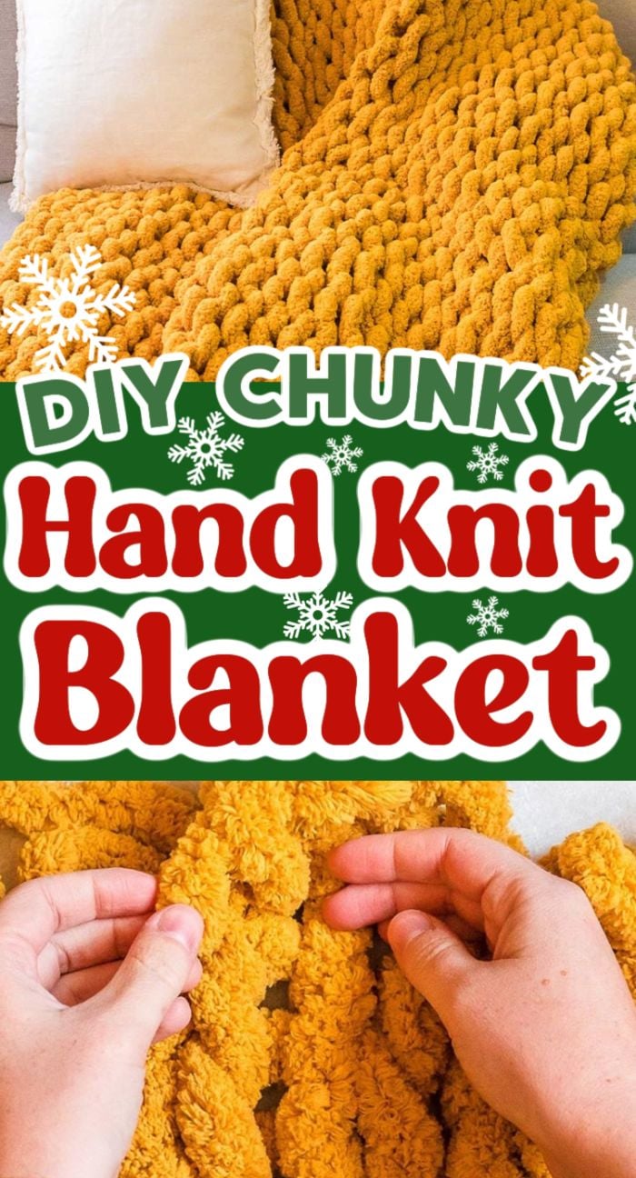 Hands knitting a cozy, chunky hand knit blanket in yellow, with the text "DIY Chunky Hand Knit Blanket" and snowflakes surrounding the scene.