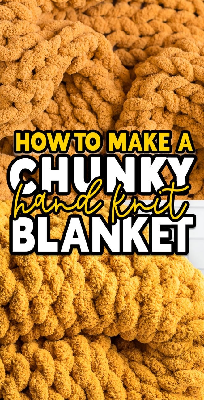Yellow chunky yarn with text overlay: "How to make a chunky hand knit blanket" in bold black and yellow letters, perfect for your next cozy DIY project.
