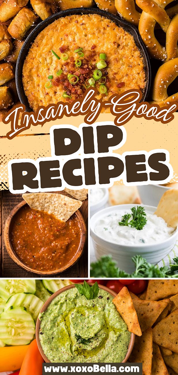 Collage of four different dips with chips, pretzels, and veggies, to inspire your next party with easy and delicious dip recipes.