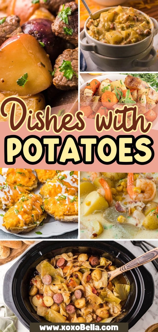 Collage of delicious dishes with potatoes, featuring stews, baked potatoes, and cheesy or roasted potato recipes.