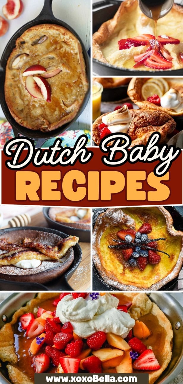 Collage of Dutch baby pancakes in skillets, topped with fruit, syrup, and whipped cream, highlighting delicious Dutch baby recipes.