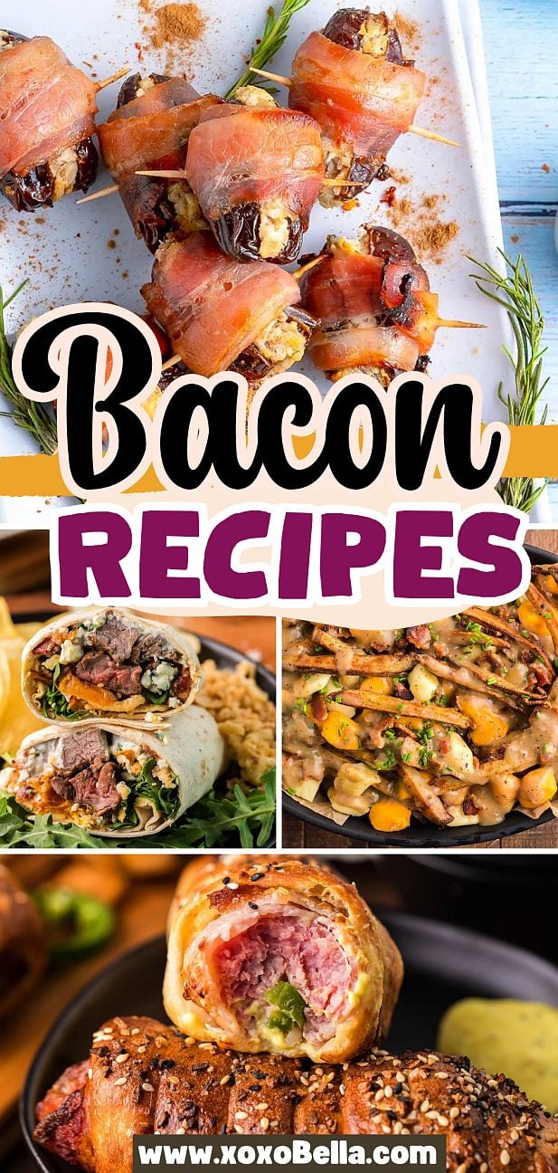 Discover four irresistible bacon recipes: bacon-wrapped dates, a savory burrito, a cheesy skillet dish, and a flavorful sausage roll.