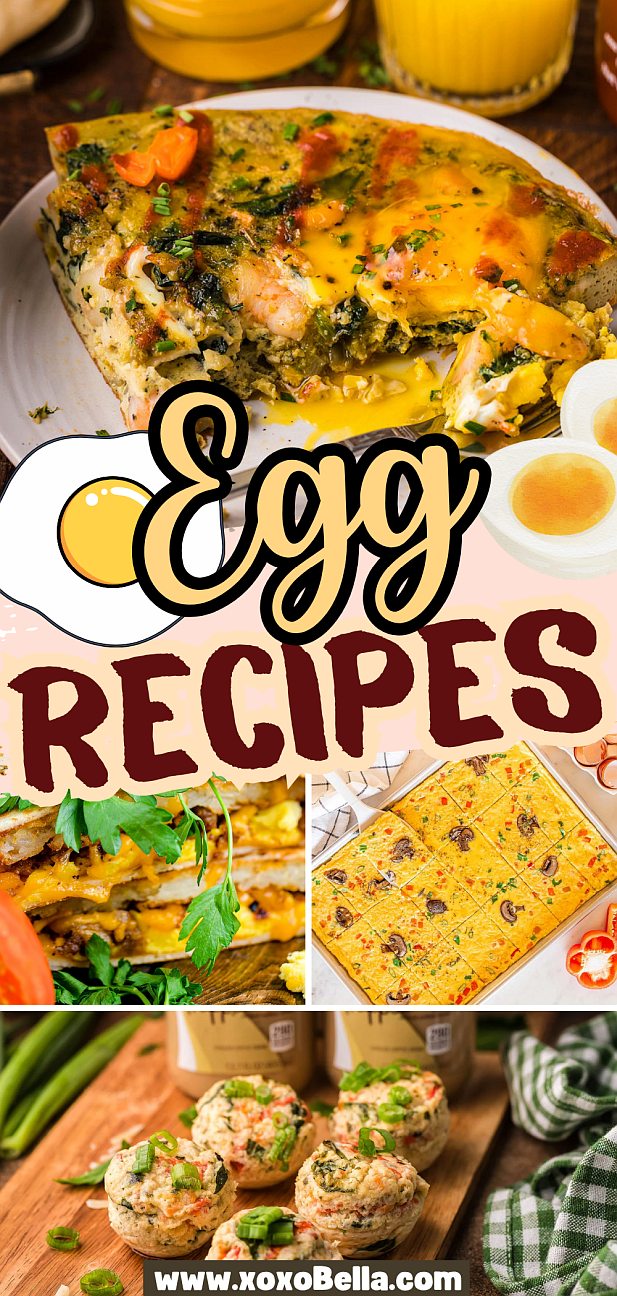 A collage of delicious egg recipes.