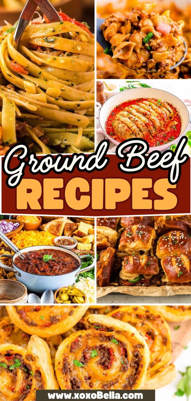 A collage of delicious ground beef dishes, including pasta, stew, rolls, and a savory tomato-based dip.