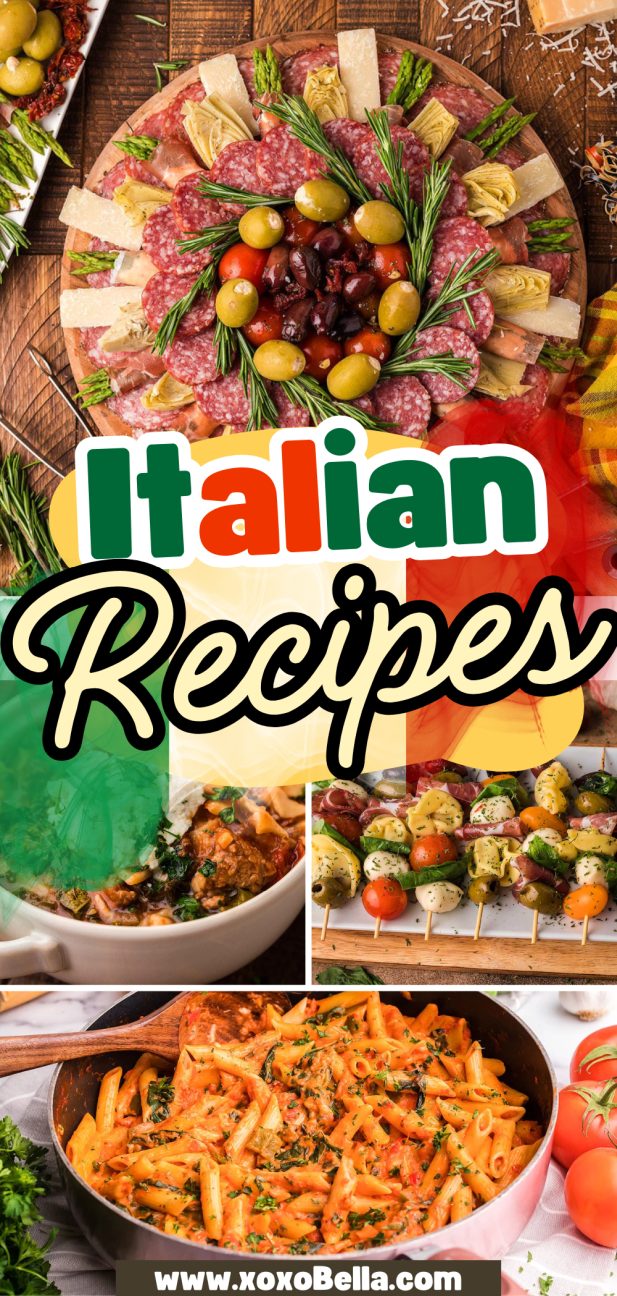 Italian food collage: charcuterie board, pasta, kebabs, and salad.