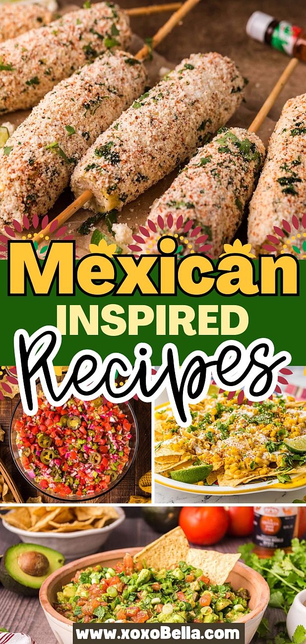 Collage of mexican inspired dishes like elote, salsa, and guacamole.