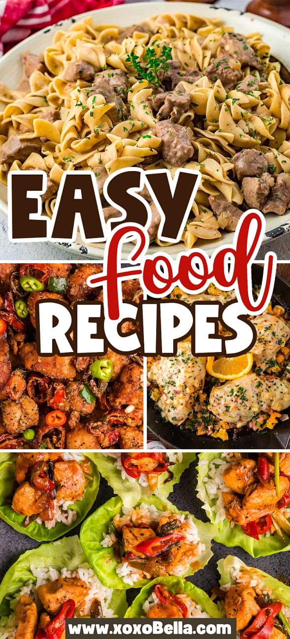 Collage of four easy recipes, featuring pasta, chicken dishes, and lettuce wraps.