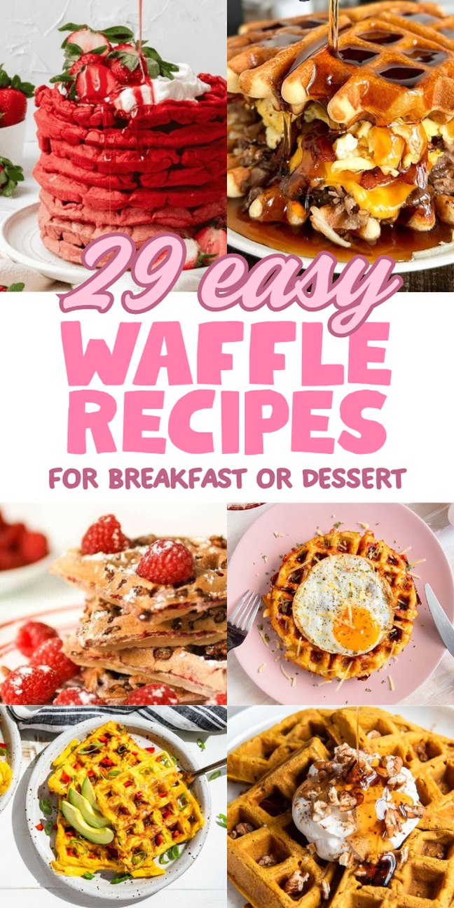 A collage of colorful waffles and pancakes with fruit and syrup, Perfect inspiration for anyone who loves creative waffle recipes to start their day or satisfy a sweet craving.