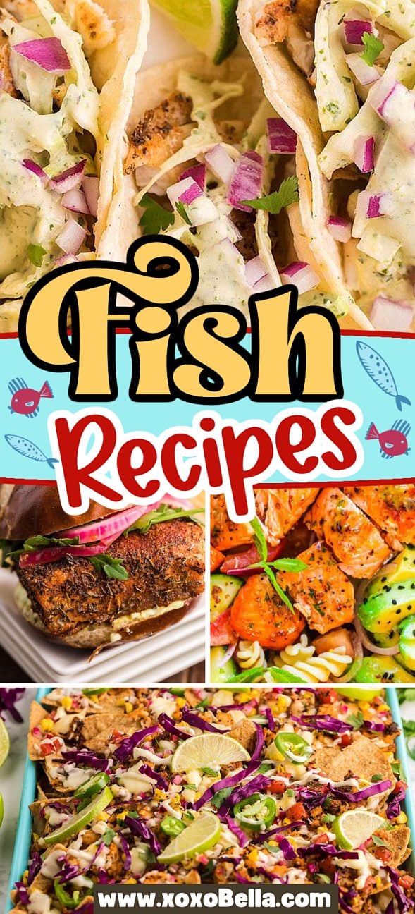 Collage of colorful fish recipes, featuring tacos, baked fish, and a casserole.