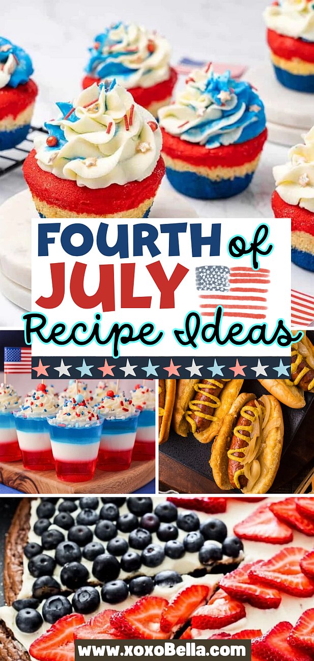 Collage of festive red, white, and blue July 4th recipes featuring desserts and snacks adorned with patriotic decorations.