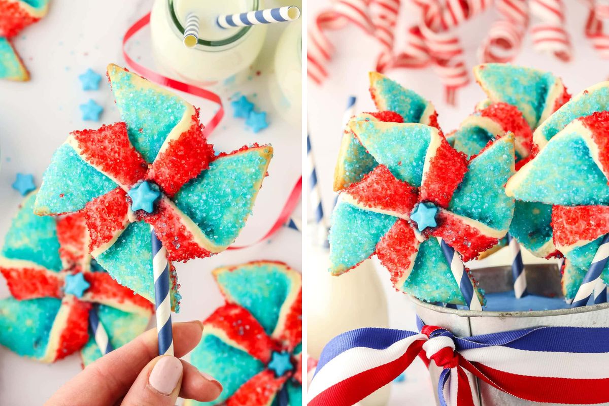 Two images side by side: one showing a hand holding a star-shaped sugar cookie decorated in red, white, and blue with a striped straw, and the other displaying multiple similar patriotic desserts in a metal bucket.