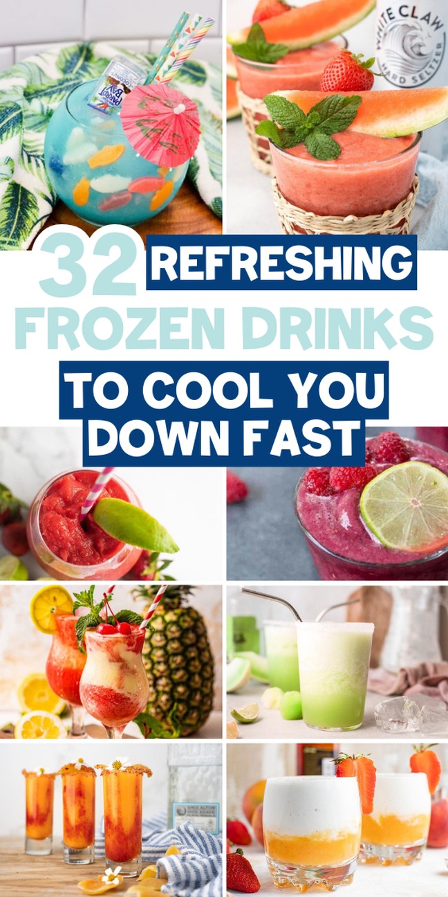 A vibrant collage of frozen drinks with fruit garnishes.