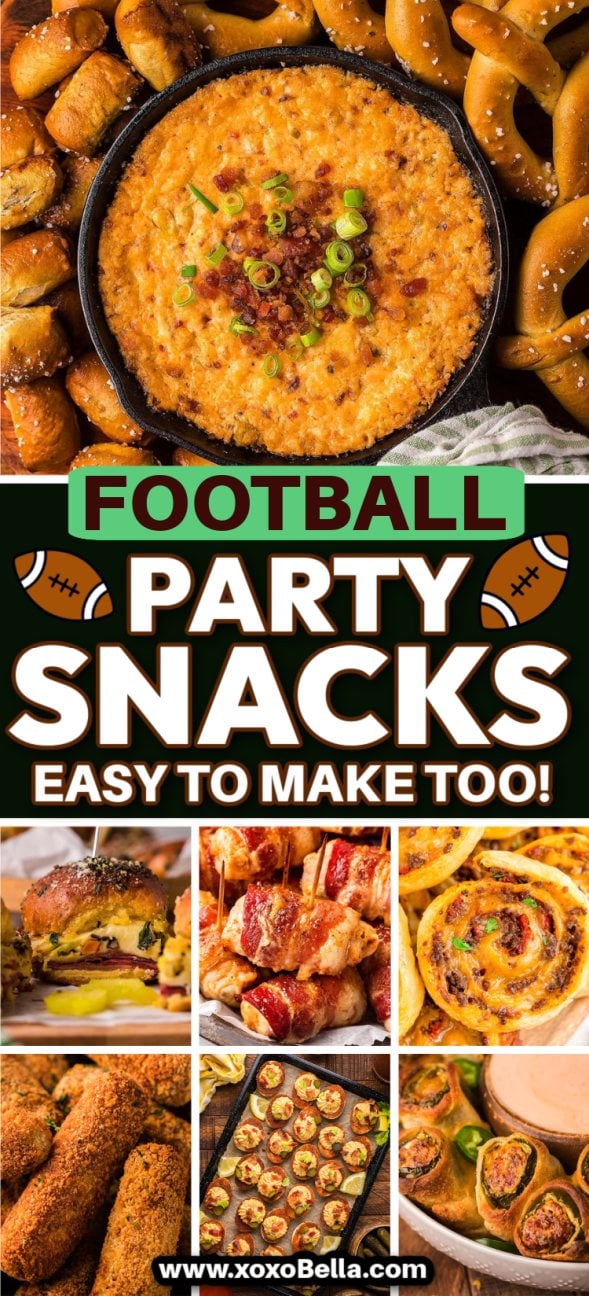A collage of football party snacks, featuring cheesy dip, pretzels, sliders, pizza rolls, and fried appetizers—the ultimate spread of game day appetizers.