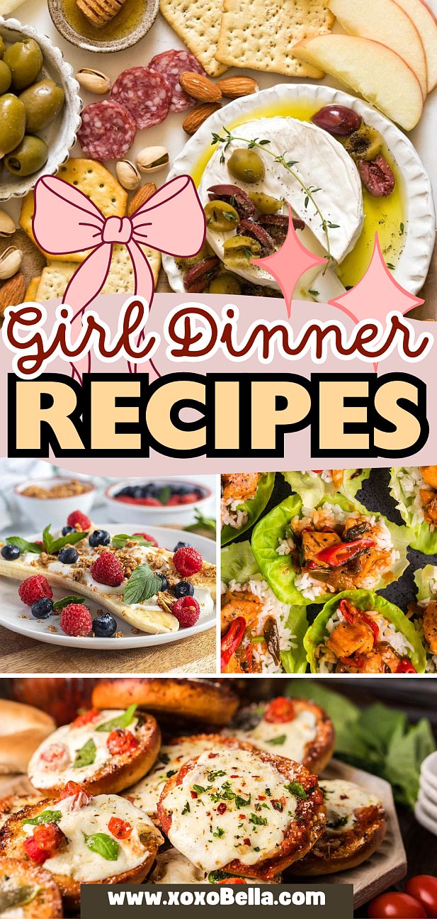 A collage of girl dinner favorites, featuring a cheese platter, shrimp lettuce wraps, fresh fruit, and toasted bread.