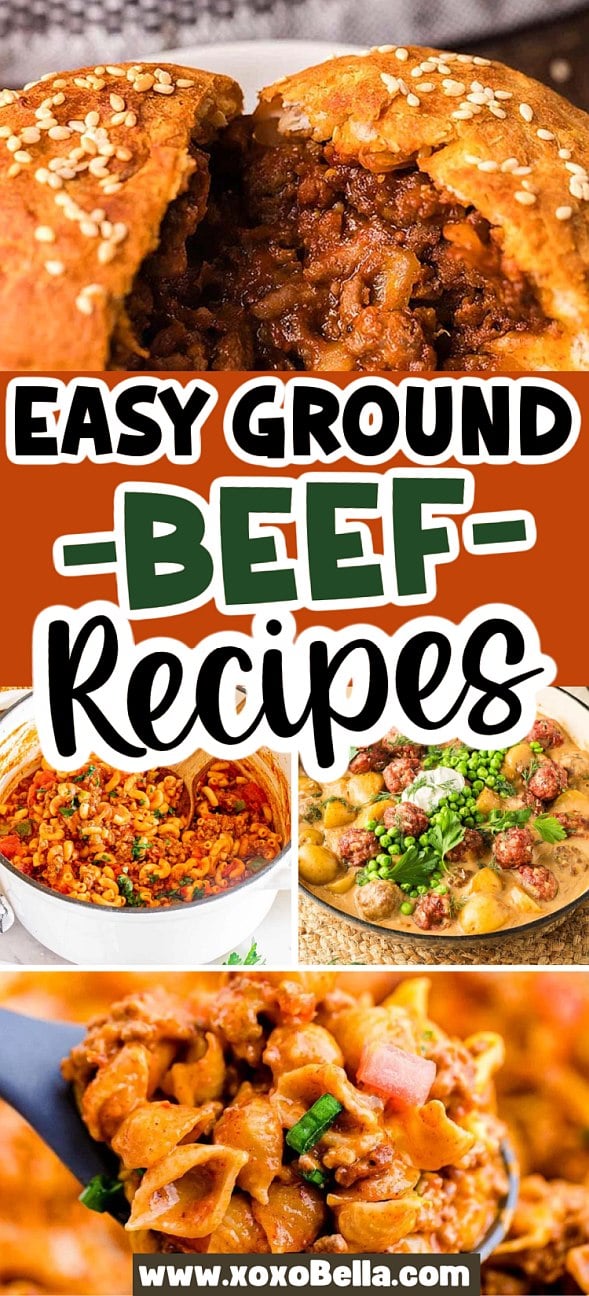 Collage of easy ground beef dinner ideas, featuring a stuffed bread roll, pasta, and meatballs in sauce, with text overlay.