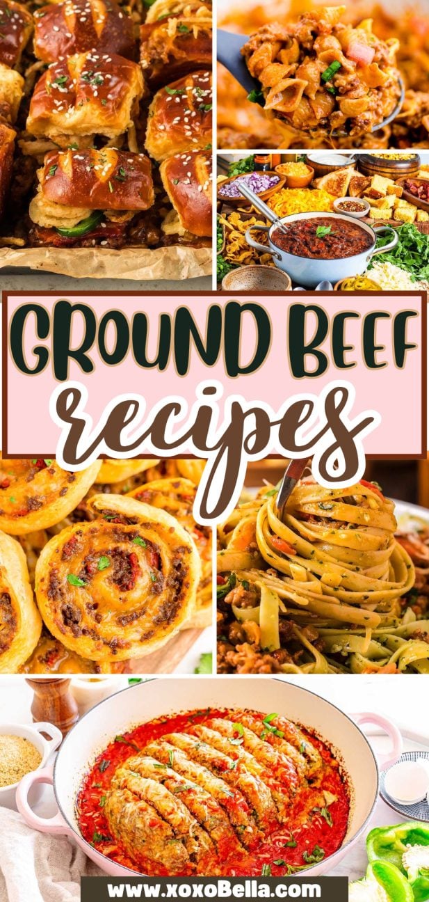 Collage of delicious ground beef dishes, featuring sliders, pasta, swirls, and a hearty casserole, with text overlay.
