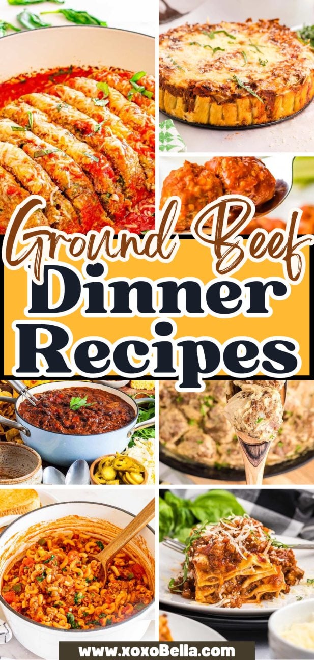 A collage of delicious ground beef dinner dishes, including casseroles, pasta, chili, and lasagna.