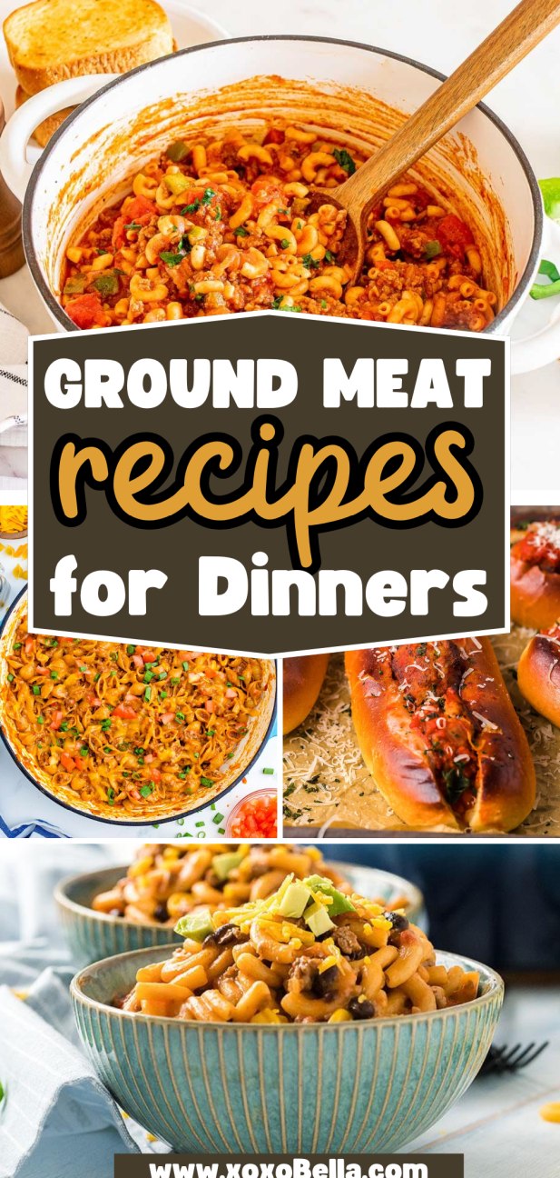 Collage of ground meat recipes for dinner, featuring pasta, hot dogs, and casseroles with text overlay.