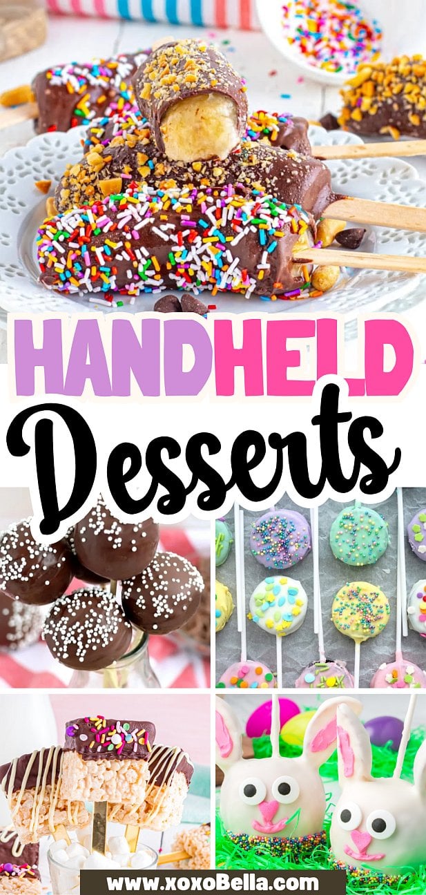 A vibrant collage of handheld desserts, featuring cake pops, chocolate-covered treats, and marshmallow pops in a rainbow of colors.