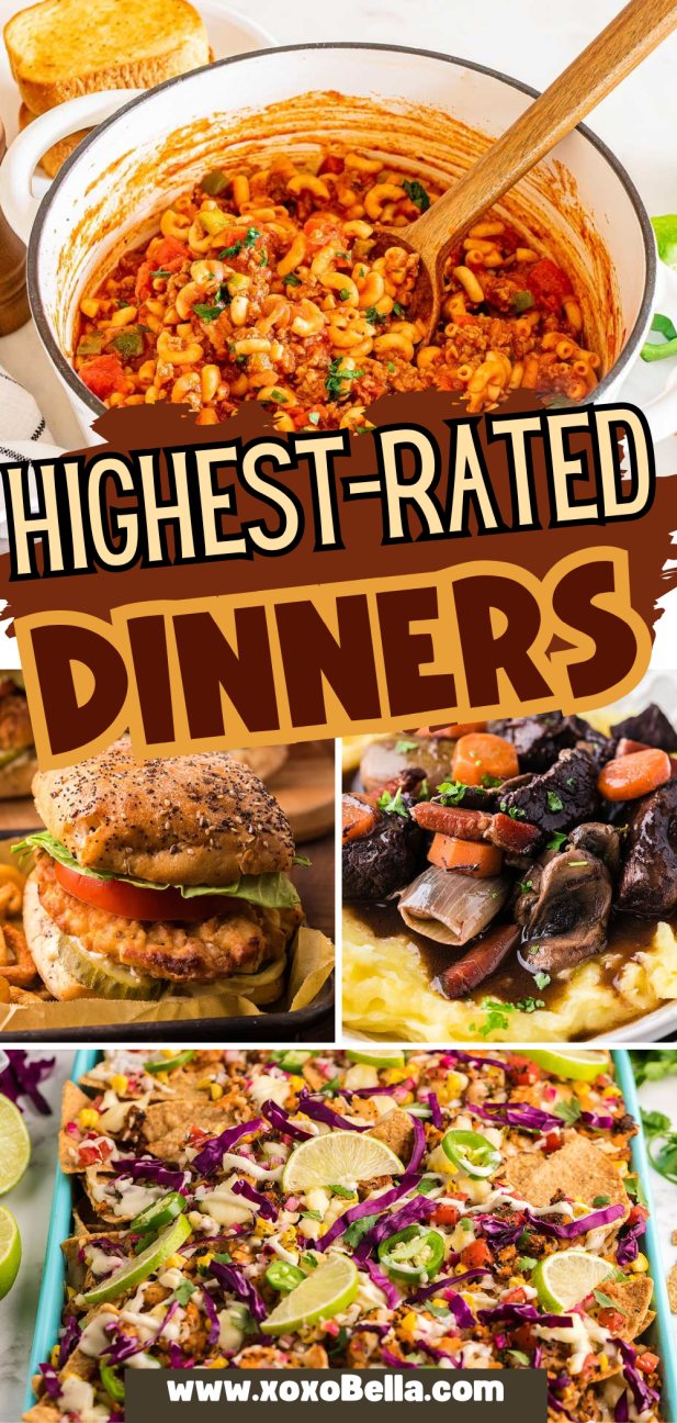Collage of hearty, colorful dinners featuring some of our highest rated dinner recipes, including pasta, burgers, beef stew, and a baked dish with vegetables.