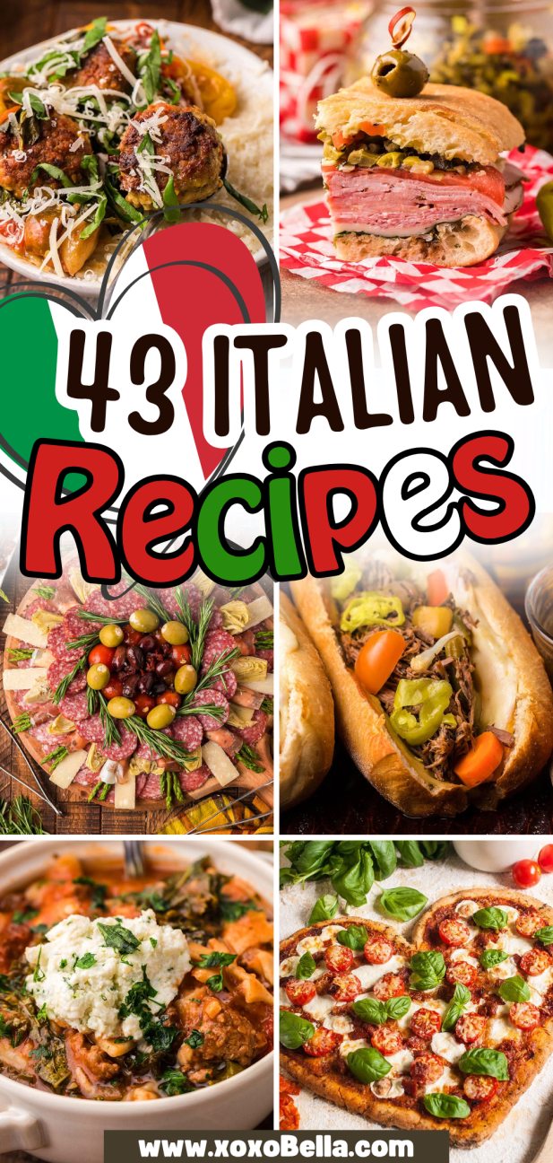 Collage of easy Italian dishes including meatballs, sandwiches, pizza, and pasta.