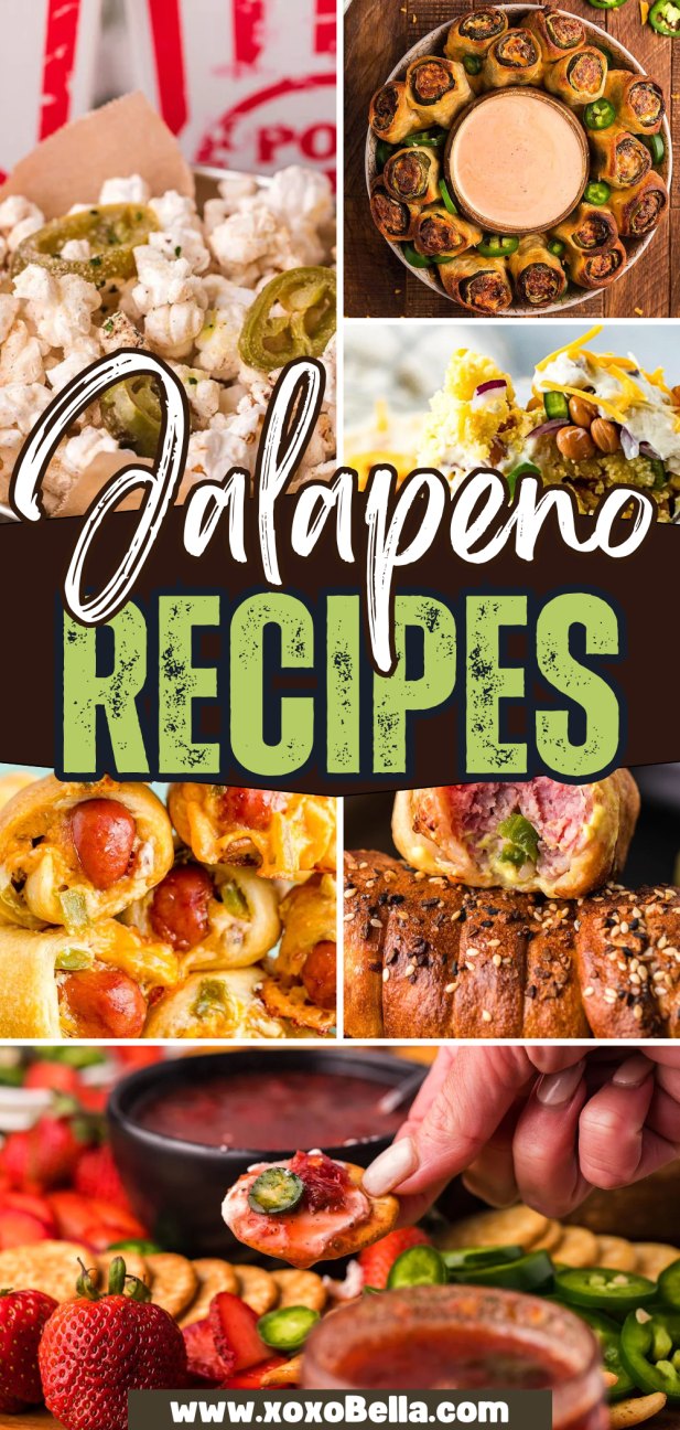 Collage of delicious jalapeno recipes, featuring popcorn, dip, cornbread, and stuffed pastries.
