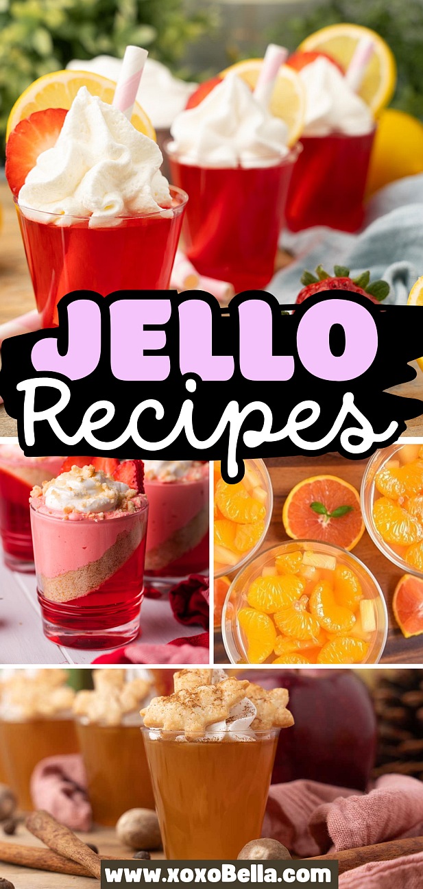 Colorful jello desserts in cups, topped with fruits, whipped cream, and crumblesāperfect for anyone searching for delicious Jello Recipes.