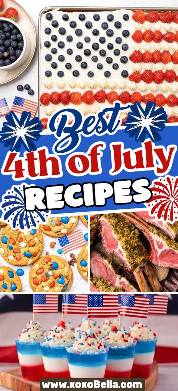 Collage of festive July 4th recipes, featuring cookies, flag cake, layered desserts, and meat dishes adorned with American flag decor.