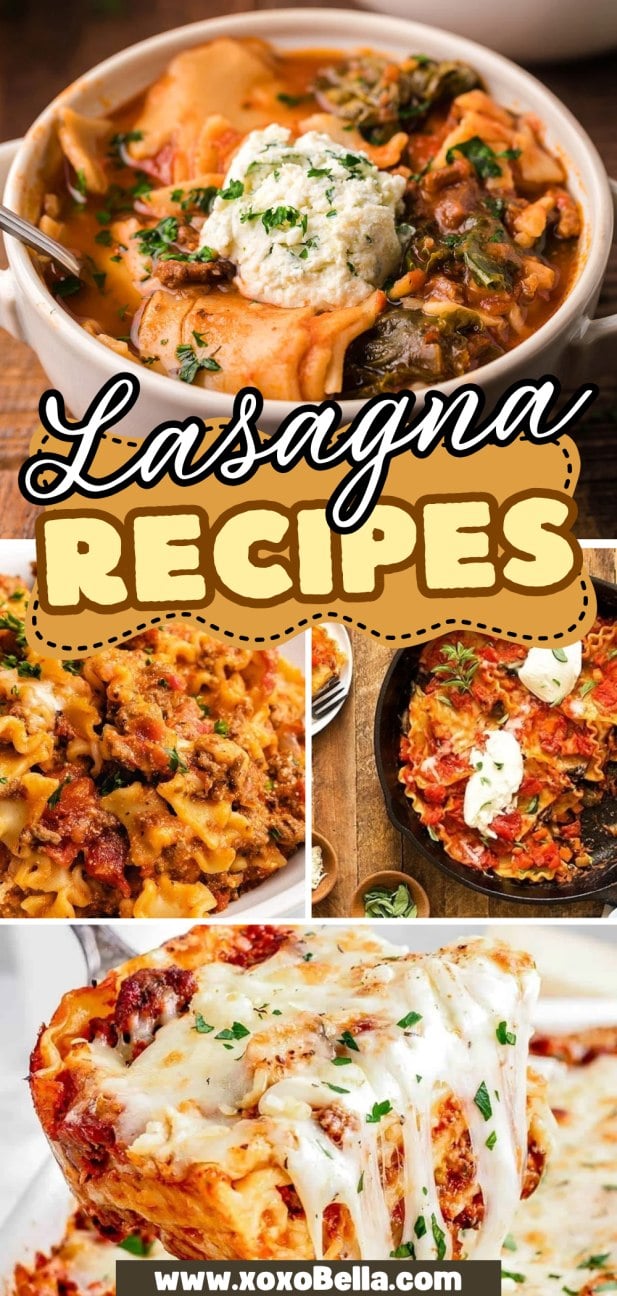 Collage of lasagna recipes, featuring classic, skillet, soup, and cheesy baked lasagna.
