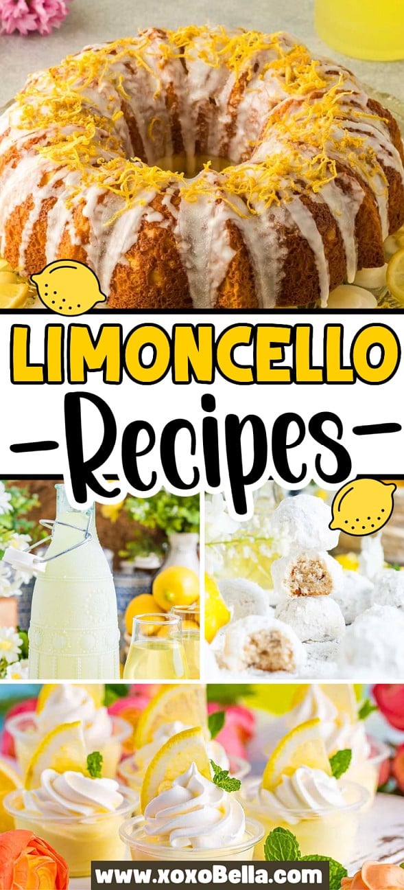 Collage of limoncello desserts, iced bundt cake, creamy drinks, lemon slices, and whipped topping—perfect inspiration for your next limoncello recipes.