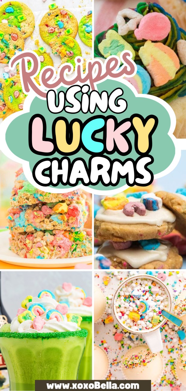 Collage of colorful desserts and drinks made with Lucky Charms cereal, showcasing creative recipes using Lucky Charms, including cookies and milkshakes.