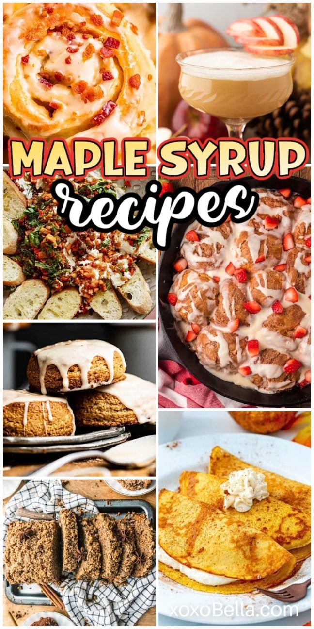 A collage of maple syrup recipes, featuring pastries, drinks, breads, and French toast drizzled with sweet syrup.