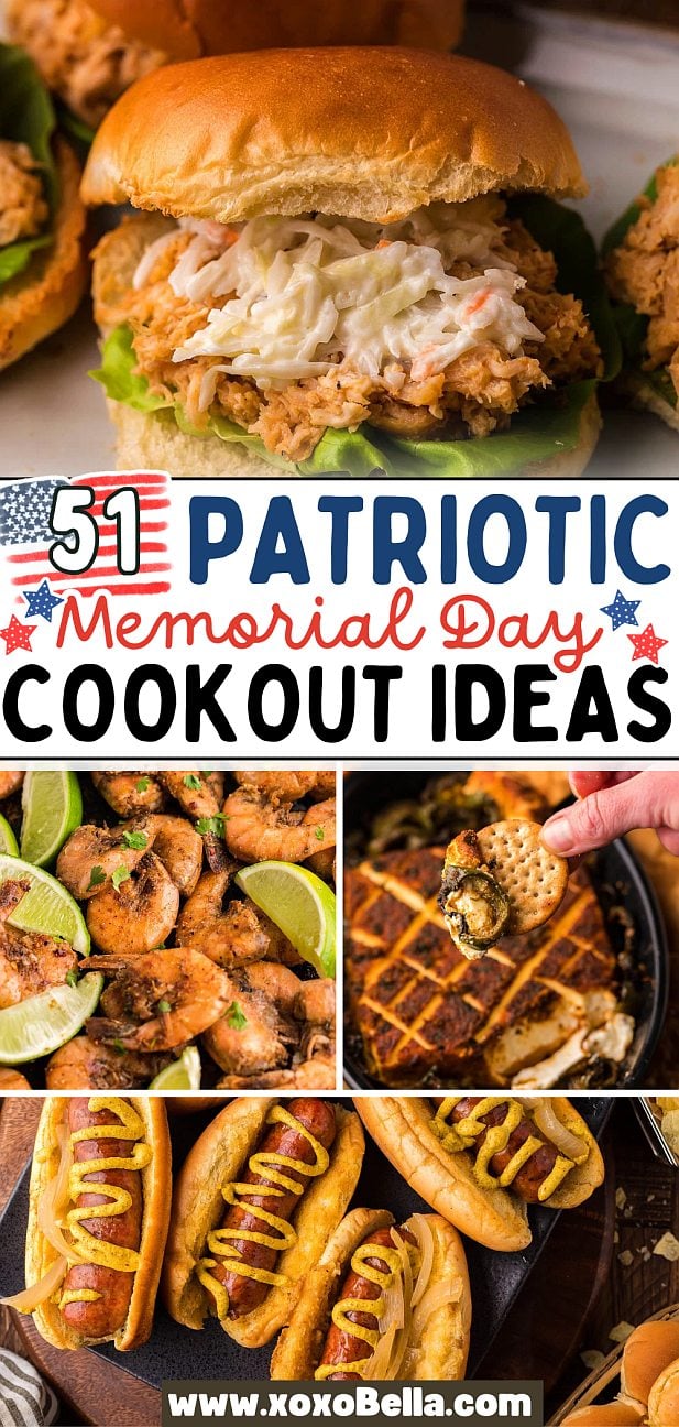 Collage of cookout foods—chicken sandwich, grilled chicken, dip with chips, and hot dogs—paired with festive text for Memorial Day menu ideas.