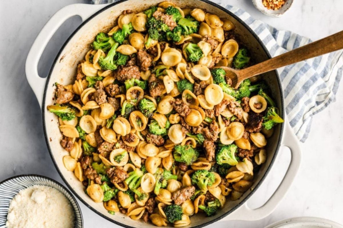 Easy Orecchiette with Sausage and Broccoli.