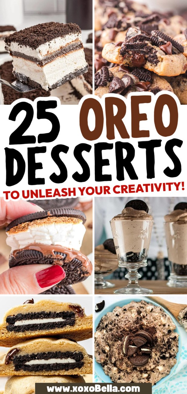 Collage of decadent Oreo desserts, featuring cakes, cookies, parfaits, and a bowl of Oreo-topped treats with text overlay.