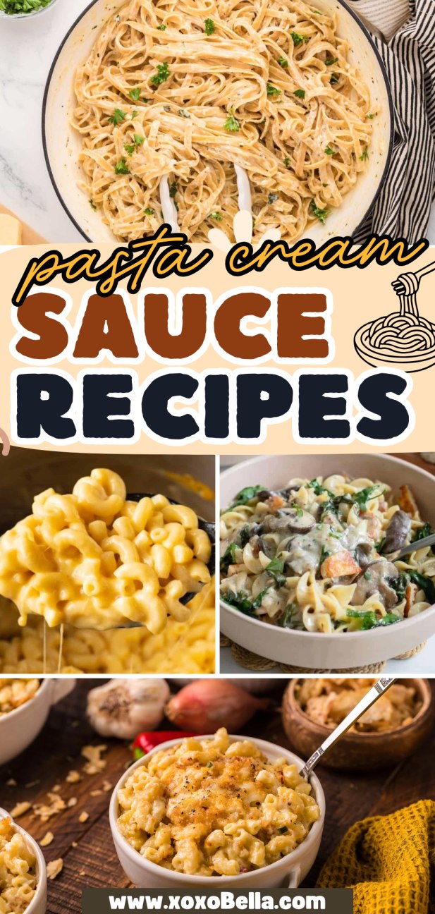Collage of creamy pasta dishes, including fettuccine, macaroni and cheese, and veggie pasta bowls—perfect for lovers of pasta with cream-based sauces.