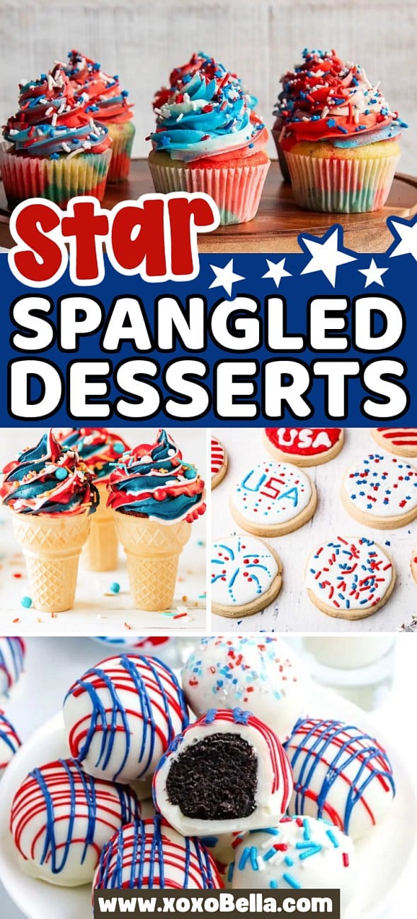 Patriotic Desserts: cupcakes, ice cream cones, cookies, and cake balls decorated with red, white, and blue sprinkles for a festive touch.