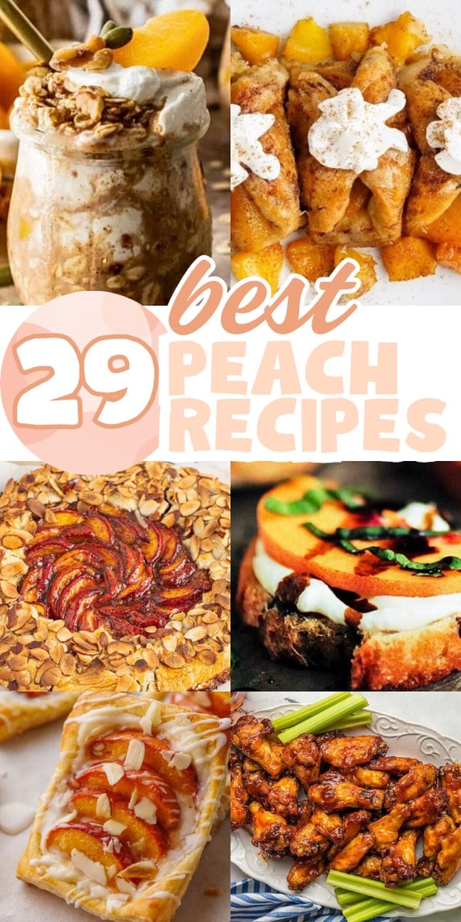A collage of delicious peach recipes showcases a variety of peach dishes.
