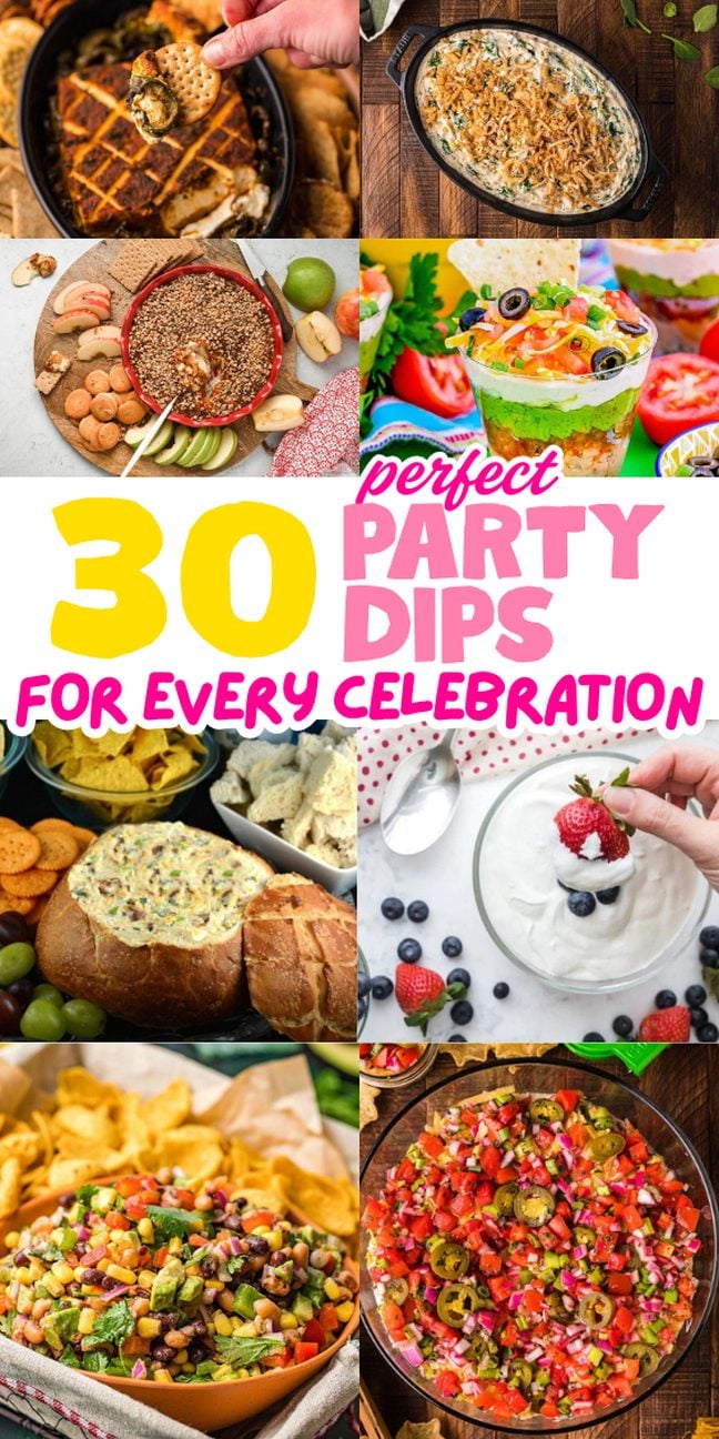 Collage of colorful Party Dips and snacks.