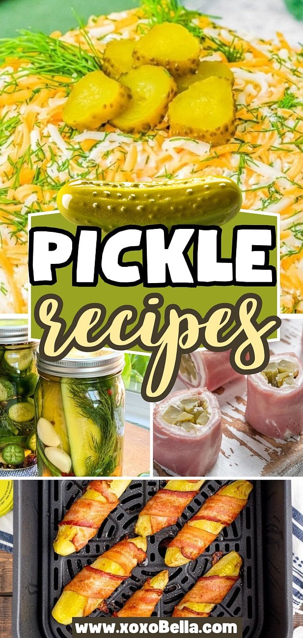 Collage of pickle recipes: pickle-topped salad, pickles in jars, ham roll-ups, and bacon-wrapped pickles. Discover creative ways to enjoy pickle recipes in every bite.
